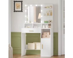 JHA make-up tafel, HD-spiegel,LED verlichting, instelbare met 3 planken en 4 open vakken, wit