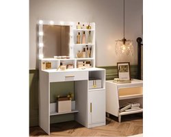 JHA make-up tafel, HD-spiegel,LED verlichting, instelbare met 3 planken en 4 open vakken, wit