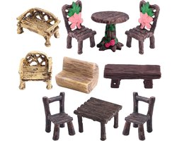 JHubers Goods - 10-delige miniatuur tuintafel en stoelen set - Poppenhuis meubeldecoraties - Hars meubel ornamenten - DIY knutselcadeaus - Feeëntuin accessoires