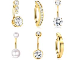 JHubers Goods - - 6 stuks gouden navelpiercings met hanger en CZ - Set van stalen buiknavelpiercings - Vrouwen - Sieraden - Navelsieraden - 14G