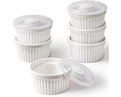 Jhubers Goods - Porseleinen ramekins set met deksel voor het bakken en desserts - set van 6 - 240 ml / 8 Fl Ounces - wit