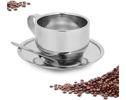 JHubers Goods - Roestvrijstalen Koffiekopje voor Espresso en Cappuccino - Theekopset Met Lepel en Schotel - Duurzaam Metalen Espressokopje