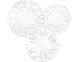 Jhubers Goods - Rond kantpapier kleedjes - Vintage decopapier - Scrapbooking crafting - Geschikt voor journal - Wit - 300 vellen - Holle papieruitsparingen - Retro collagepapier - Dun decoupagepapier - 3 kleine maten 3,5"/4"/4,5" - Doily