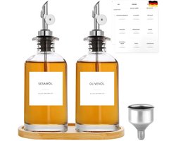JHUBERS- Olieflessen Set 2 Stuks - 350ml Glasflessen - Gouden Schenkuit - RVS Zeef - Bamboe Tray - Waterproof Labels - Oliekan