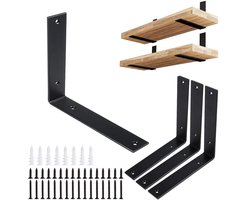JHUBERS- Wandplank 123 cm - Wandplank zwart - Wandplank met lade - Wandplank voor muur - Wandplanken set van 4 - 200 x 200 x 38 x 5 mm - Plank