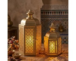 JHY DESIGN Set van 2 Metaal Marokkaanse Kaarslantaarns – 38 en 28 cm – Gouden Vintage Decoratieve Lantaarns - Ramadan Tuin Veranda - Binnen en Buiten