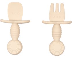 Jikkies Siliconen Kinderbestek Set - Baby Bestek - Lepel & Vork - Beige - Veilig - Duurzaam - Kindvriendelijk - 100% Siliconen - Vaatwasserbestendig - Magnetronbestendig - Oefenbestek - Ergonomisch Bestek - Kraamcadeau