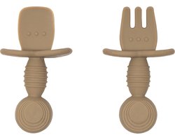 Jikkies® - Siliconen Kinderbestek Set - Baby Bestek - Lepel & Vork - Olijf Groen - Veilig - Duurzaam - Kindvriendelijk - 100% Siliconen - Vaatwasserbestendig - Magnetronbestendig - Oefenbestek - Ergonomisch Bestek - Kraamcadeau