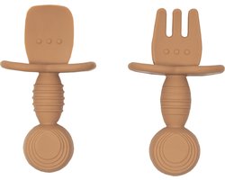 Jikkies® - Siliconen Kinderbestek Set - Baby Bestek - Lepel & Vork - Taupe - Veilig - Duurzaam - Kindvriendelijk - 100% Siliconen - Vaatwasserbestendig - Magnetronbestendig - Oefenbestek - Ergonomisch Bestek - Kraamcadeau
