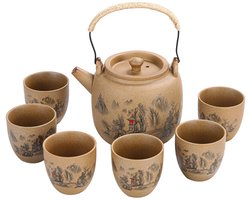 JinSho - Japanese Hand-Painted Clay Teapot - Keramisch- Thee Pot incl 6 theekopjes - Giftbox - 800ml