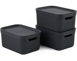 Jive Dekobox - Set of 3 Decorative Storage Boxes 5L with Lid, Plastic (Recycled PP), Black, 3 x 5 L (26.5 x 18.5 x 20 cm) | Storage basket with lid, storage boxes with lid, stacking boxes, braid pattern, handle openings, can be stored in each other