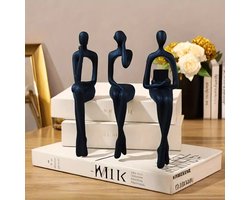 JJ - Abstracte Kunst Sculptuur - 3 Stuks zwart Zittende Denker Standbeeld voor Thuiskantoor - Boekenplank Decor - Beeld - decoratie
