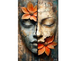 JJ-Art (Aluminium) 120x80 | Vrouw, gezicht met bloemen, gebroken, gecraqueleerd, abstract, grunge stijl, portret, kunst | mens, rood, goud, blauw, modern | foto-schilderij op dibond, metaal wanddecoratie