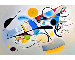 JJ-Art (Aluminium) 90x60 | Abstract in Kandinsky stijl - kleurrijk- felle kleuren - kunst – woonkamer slaapkamer | rood, geel, blauw, oranje, roze, groen, modern | Foto-Schilderij print op Dibond (metaal wanddecoratie)