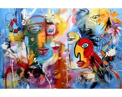 JJ-Art (Aluminium) 90x60 | Man / vrouw gezicht met papegaai, vogel, kleurrijk, abstract, kunst, Herman Brood stijl, dier, goud, blauw, rood, geel, groen, modern | foto-schilderij op dibond, metaal wanddecoratie