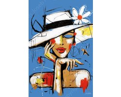 JJ-Art (Aluminium) 90x60 | Vrouw met hoed en bloem, abstract in Herman Brood stijl, portret. kunst, mens, bruin, rood, blauw, wit, modern | foto-schilderij op dibond, metaal wanddecoratie