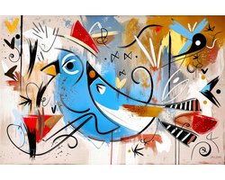 JJ-Art (Canvas) 60x40 | De Duif, vogel, gek grappig, abstract in Herman Brood stijl, kleurrijk, kunst, dier, rood, blauw, bruin, geel, modern | Foto-Schilderij canvas print (wanddecoratie)