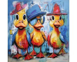 JJ-Art (Canvas) 60x60 | Grappige gekke kuikens, vogel, met bril en hoed, humor, abstract, kleurrijk, kunst, vierkant, kuiken, vogel, eend, rood, geel, blauw, wit, modern | Foto-Schilderij canvas print (wanddecoratie)