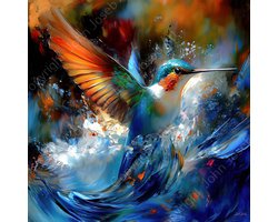 JJ-Art (Canvas) 60x60 | Kolibrie bij het water, vogel, abstract, artistiek, kleurrijk, felle kleuren, dier, kunst, vierkant, blauw, rood, oranje, wit, modern | Foto-Schilderij canvas print (wanddecoratie)