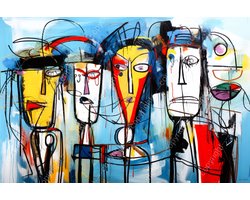 JJ-Art (Canvas) 90x60 | 4 Gezichten, man vrouw, abstract in Herman Brood stijl, kleurrijk, felle kleuren, kunst, woonkamer slaapkamer | mens, bruin, rood, blauw, modern | Foto-Schilderij print (wanddecoratie)