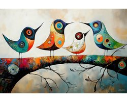 JJ-Art (Glas) 120x80 | Vogels op een tak, abstract, Picasso, Joan Miro stijl, modern surrealisme, kleurrijk, kunst | dier, vogel, blauw, geel, grijs, rood, modern | Foto-schilderij-glasschilderij-acrylglas-acrylaat-wanddecoratie