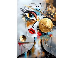 JJ-Art (Glas) 60x40 | Gekke grappige vrouw, abstract surrealisme, cirkels en lijnen, artistiek, kunst, kleurrijk, mens, blauw, goud, rood, bruin, geel, grijs, modern | Foto-schilderij-glasschilderij-acrylglas-acrylaat-wanddecoratie