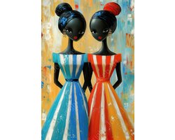 JJ-Art (Glas) 90x60 | Grappige donkere vrouwen met kleurrijke jurk, figuratief abstract, vrouw, mens, positiviteit, kunst, blauw, rood, geel, zwart, modern | Foto-schilderij-glasschilderij-acrylglas-acrylaat-wanddecoratie