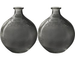 Jodeco Bloemenvaas/flesvaas - 2x - smoke grijs - bolvorm met ribbel - D16 x H20 cm