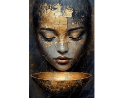 John Joseb Art (Aluminium) 40x60 | Vrouw gezicht, schaal, grunge stijl, abstract, goud, portret, abstract, kunst | mens, grijs, blauw, zwart, modern | foto-schilderij op dibond, metaal wanddecoratie