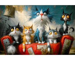 John Joseb Art (Canvas) 120x80 | Gekke grappige poezen op de bank met bolle ogen, humor, abstract, kunst, dier, poes, wit, rood, bruin, blauw, modern | Foto-Schilderij canvas print (wanddecoratie)