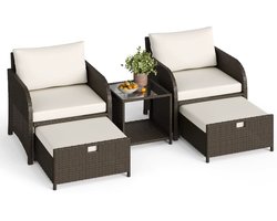 Joholic - Tuinset - Tuinstoelen - Loungeset - Fauteuil - 5-delig - Inclusief kussens - Inclusief voetenbankjes - Rotan - Beige