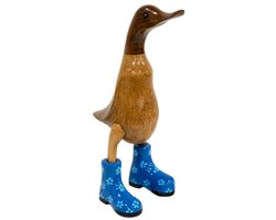 JoJo Living Woonaccessoires - Dieren - Houten eend met laarzen - M - Blauw - 32 cm - Handgemaakt