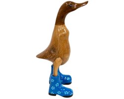 JoJo Living Woonaccessoires - Dieren - Houten eend met laarzen - S - Blauw - 26 cm - Handgemaakt