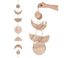 Jojofuny Zon en maan wanddecoratie hout: boho wanddecoratie hangend voor slaapkamer woonkamer - vintage hangdecoratie raam natuur design - rustieke muur plafond houten decoratie handgemaakt