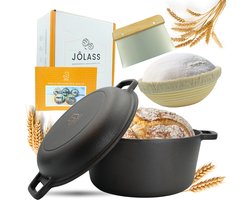 Jôlass® Gietijzeren Broodpan , Broodbakbol, Broodbakpan, Dutch Oven 4,7L, Braadpan Ø26CM voor alle Warmtebronnen, Bakvorm, Rijsmand brood bakken, Deegschraper, Ideaal kerst cadeau, Boekje met recept en werkwijze