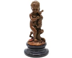 Jongen met Konijn Bronzen Beeld, Brons Kind en Huisdier Beeldje, Hoge Kwaliteit Gesigneerd Kunst Sculptuur, Beeldhouw Figuur met Stempel op Marmer Basis