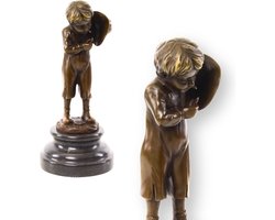 Jongen met Sigaret - Bronzen Beeld - Gesigneerd Sculptuur - Brons Beeldje op Marmer Sokkel - Kunstwerk met officiële Bronsstempel - Sigaretten Roken Kunst - 10x10x22