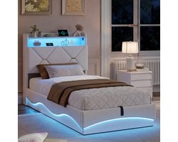 Jongerenbed 90x200 cm met LED en USB-Poorten, Gestoffeerd Eenpersoonsbed met Opbergruimte en Lattenbodem, Beige Fluweel, voor Volwassenen Tieners en Kinderen (Matras Niet Inbegrepen)