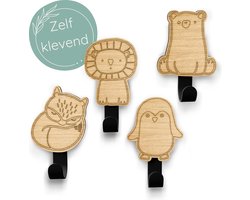 Jooba Kinderkapstok - 4 haakjes - Bosdieren - Zwart - Hout - Metaal - Dierenkoppen - Zelfklevend - Babykamer Kapstokken - Wandkapstok