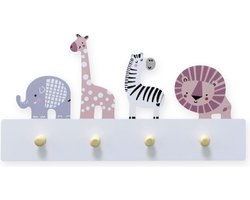 Jooba Kinderkapstok - Kinderkamer - 4 Haken - Safari - Kapstok hangend - Wit - Wandkapstok - Met bevestigingsmateriaal