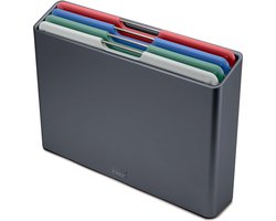 Joseph Joseph Folio™ Snijplankenset 4-delig – Medium – Donkergrijs – Kleurgecodeerd – Met Opbergstand – RVS Handgrepen