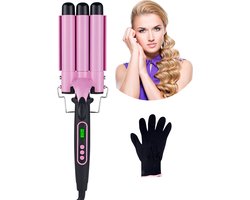 Jourz Wafeltang - 3 Stangen - Krultang Haar - Golvenkrultang - Beach Waves - Wave Krultang - Waver - Hair Curler - Curling Iron - Met Beschermingshandschoen - Zwart/Roze
