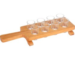 Joy Kitchen bar decoratie shotglaasjes glas | Houten slee | voorzien van 8 shotglazen | shotglas | shotjes | bar accessoires | bartafel glazen | drank spelletjes | snotglazen houder | drankspel voor hem en haar