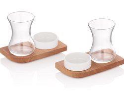 Joy Kitchen duurzame theeglazen set van 2 | thee natural | theeglas op houten plateau | theeglazen groot | hapjes schaal | porselein | Turkse thee glazen glas | theeglas met schotel | duurzaam thee cadeau