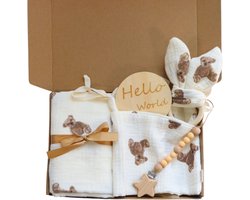 Joya Kids® Baby Cadeauset met Teddyprint | 5-delig Kraamcadeau voor Pasgeboren met Beren | Inclusief Hydrofiele Doek, Box opbergzak, Speenkoord & Bijtring | Unisex Beer Geboortegeschenk in Geschenkdoos