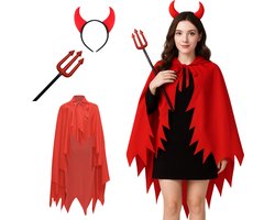 Joya Kids® | Duivel Verkleed Accessoiresset | 3-delig | Rode Cape 110 cm | Haarband met Duivelsoortjes | Drietand met Glitters | Halloween & Carnaval Kostuum voor Volwassenen en Kinderen