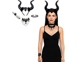 Joya Kids® Halloween Accessoires Set 4-delig | Zwarte Hoorn Haarband | Gothic Choker Set | Duivel Hoorn Zwart | Maleficent Lange Hoorns | Devil Horns | Armband met Ring | Verkleed Accessoires voor Volwassenen en Oudere Kinderen