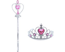 Joya Kids® Prinsessen Accessoireset | Set van 2 | Kroon met Toverstaf set | Verkleedkleding Meisje | Roze