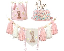Joya Party® 1 Jaar Verjaardag Versiering Set Roze Kwastjes | Baby | 1ste Verjaardagskroon Vilt | Happy Birthday Slinger Ballonnen | Duurzame Feestversiering Meisje | Zacht Roze