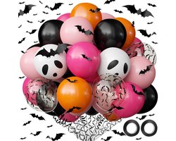 Joya Party® Halloween Ballonnen Versier Set 60-delig Feestset | Roze Zwart Oranje | Spook Ballonnen & Vleermuizen | Halloween Versiering Vleermuis | Kinderfeest & Themafeest Decoratie